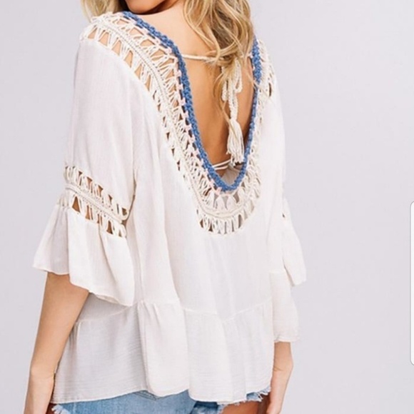 LISTICLE Boho Bell Sleeve Ruffle Hi Low Crochet Top Yellow Flowy Sz M - Picture 3 of 8